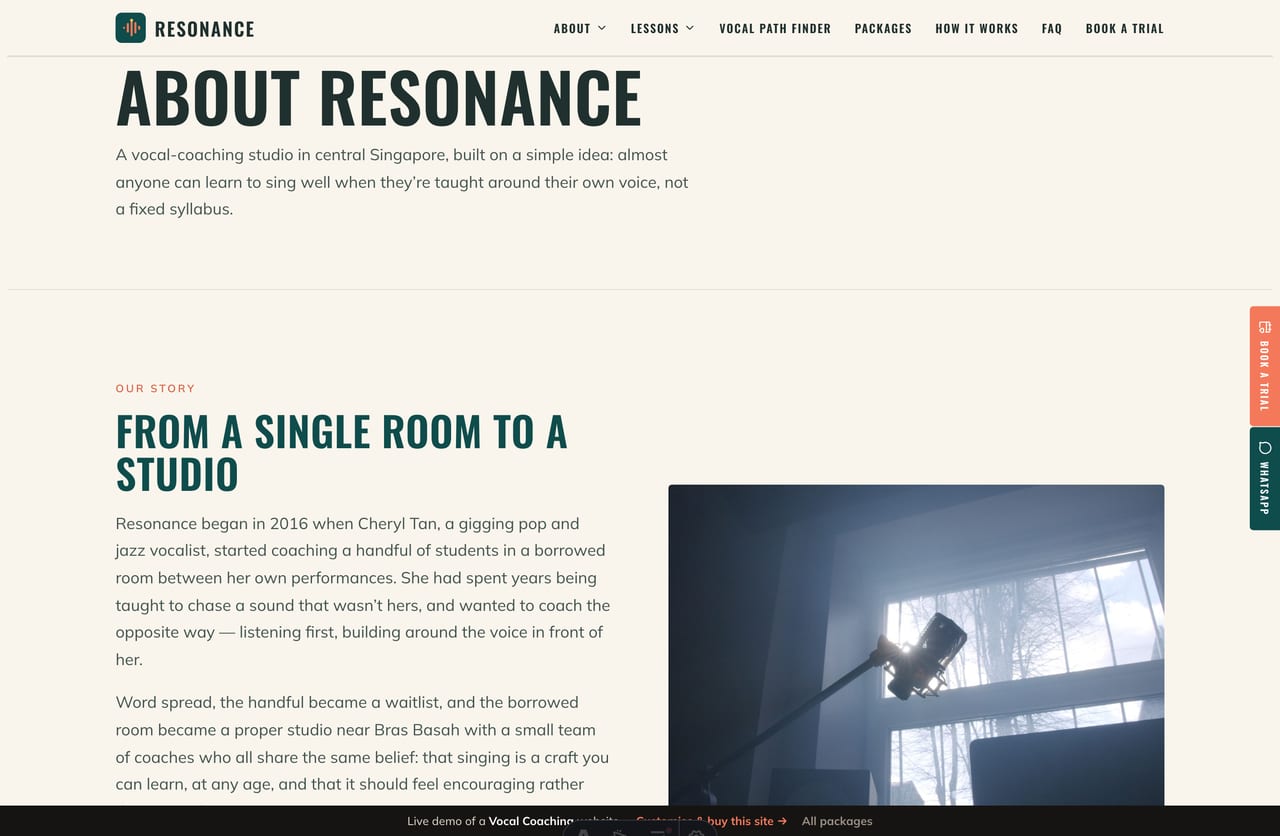 The About page for a Singapore vocal studio — founder story, stats band and coaches
