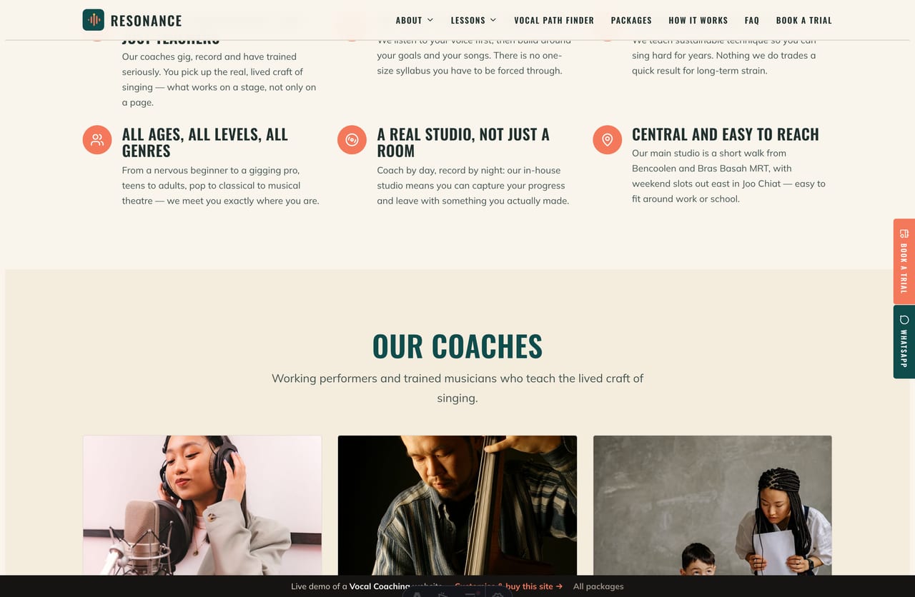 The coaches section on the Resonance demo — coach profiles with photos, roles and bios