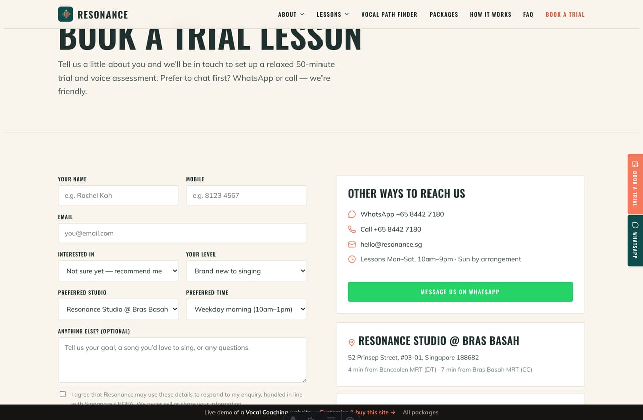 Book-a-trial page on the Resonance demo — a PDPA-aware booking form with programme, level and time