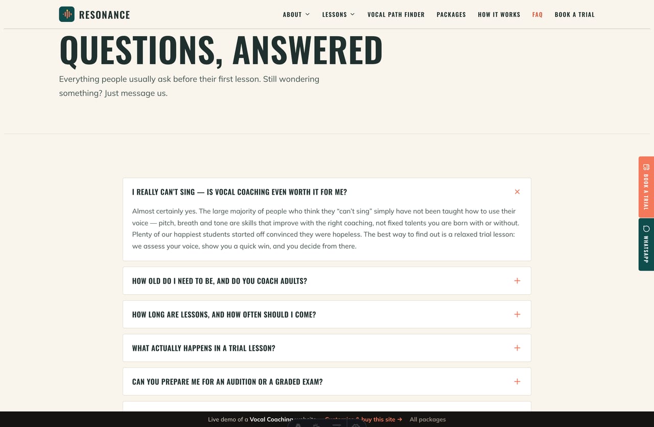 FAQ page on the Resonance demo — a condensed-heading question accordion
