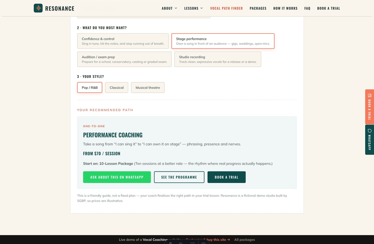 Vocal Path Finder result on a Singapore vocal-coaching site — a recommended programme with an intro package and a book-a-trial CTA