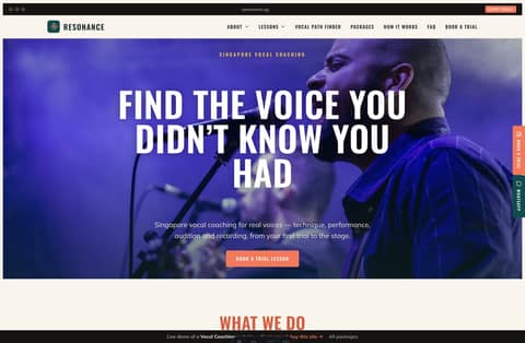 Resonance vocal-coaching Singapore website homepage demo — a teal, coral and cream site with a full-bleed photo hero, condensed display headings and a coaches grid