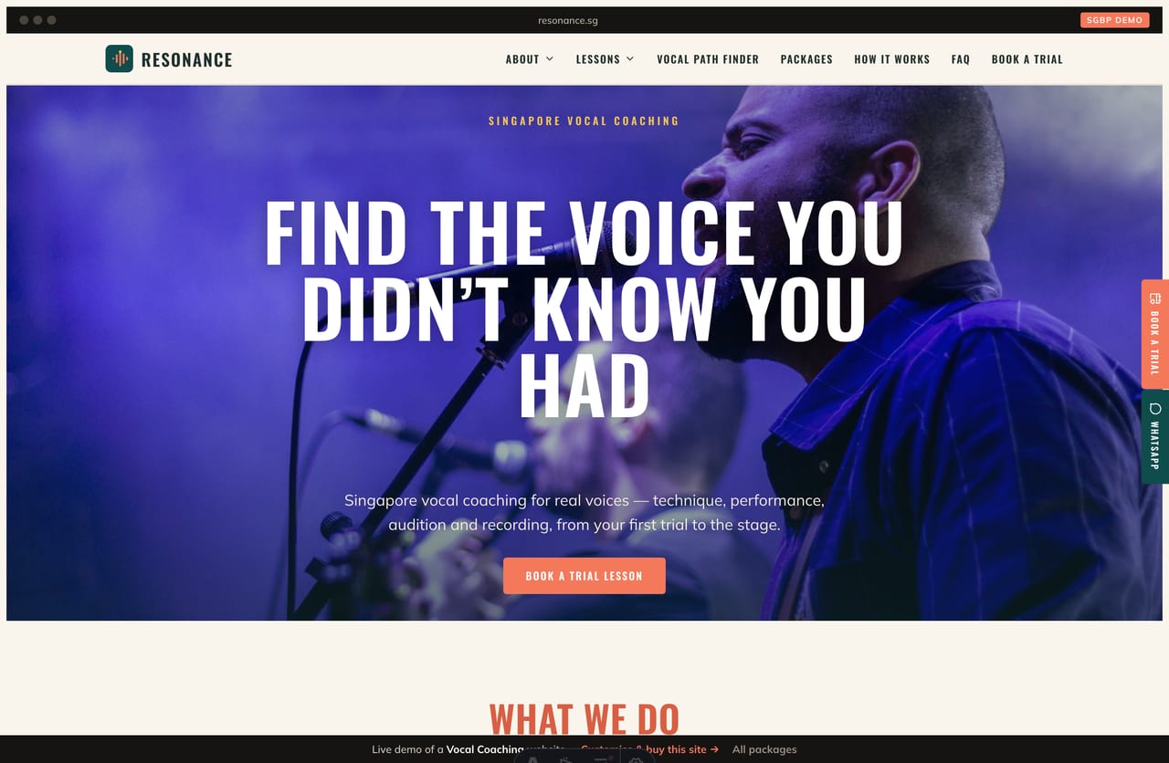 Resonance vocal-coaching Singapore website homepage demo — a teal, coral and cream site with a full-bleed photo hero, condensed display headings and a coaches grid