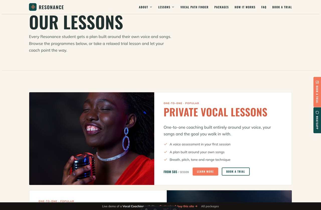 Lessons page on the Resonance demo — private, performance, audition, recording, teen, group and online programmes as large stacked cards