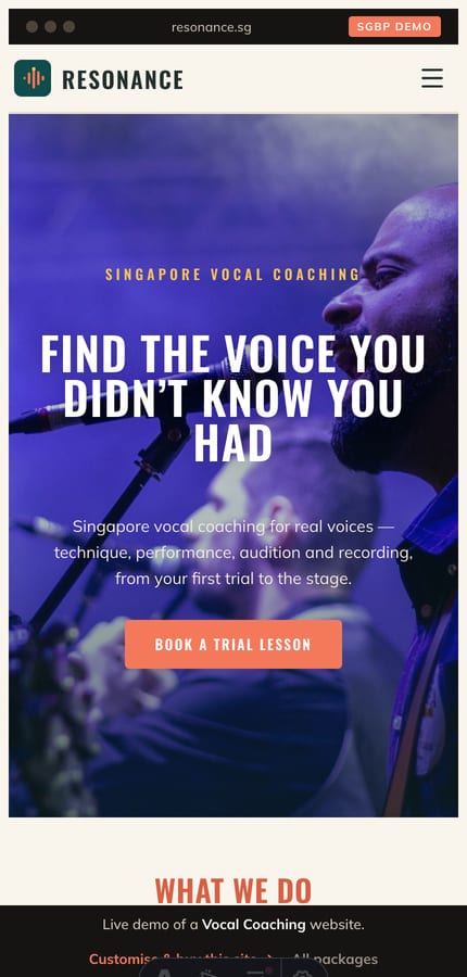 The Resonance vocal-coaching website on mobile — the full-bleed hero and book-a-trial CTA at 430px