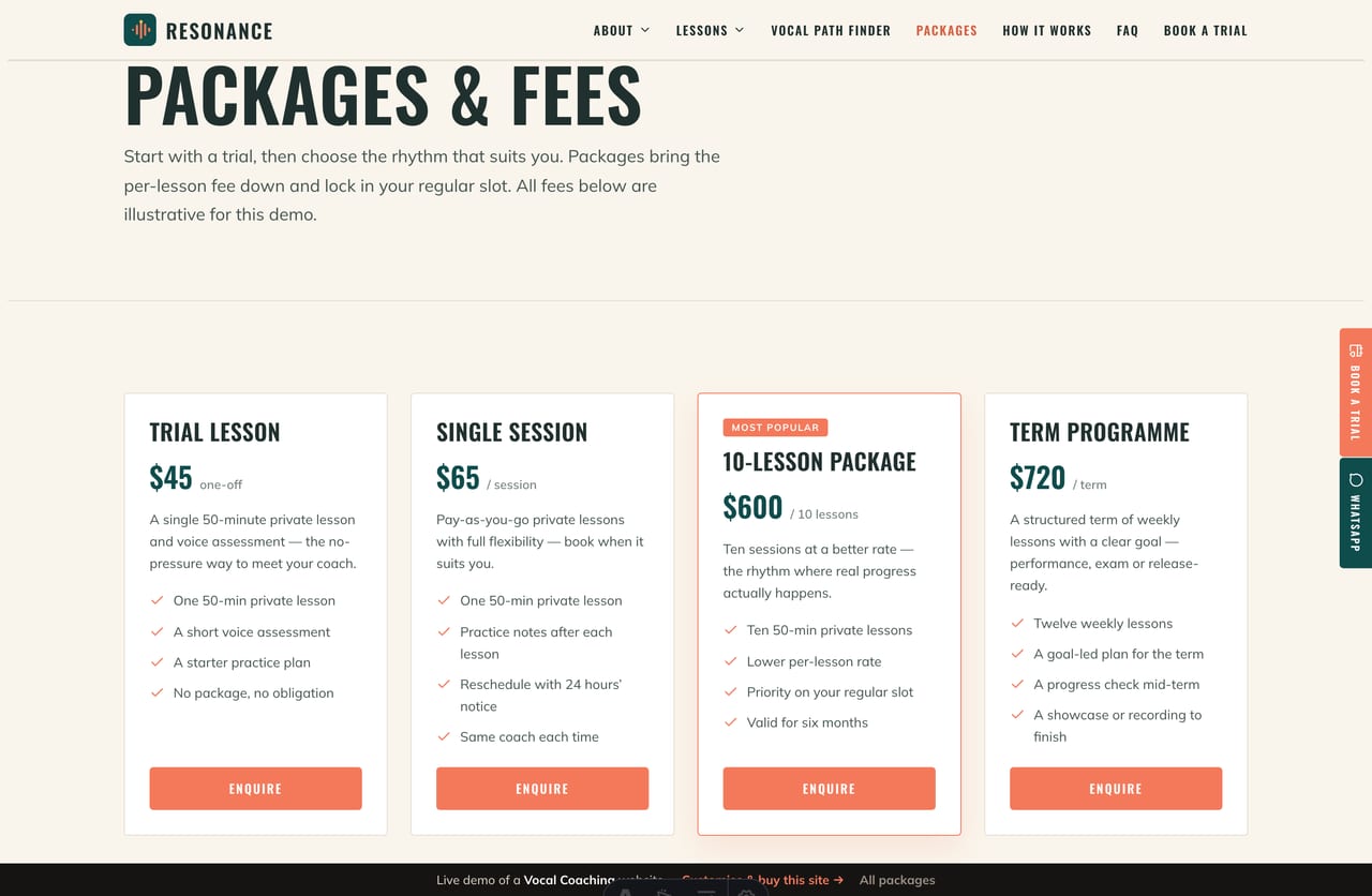 Packages page on the Resonance demo — trial, single session, 10-lesson package and term programme cards with fees