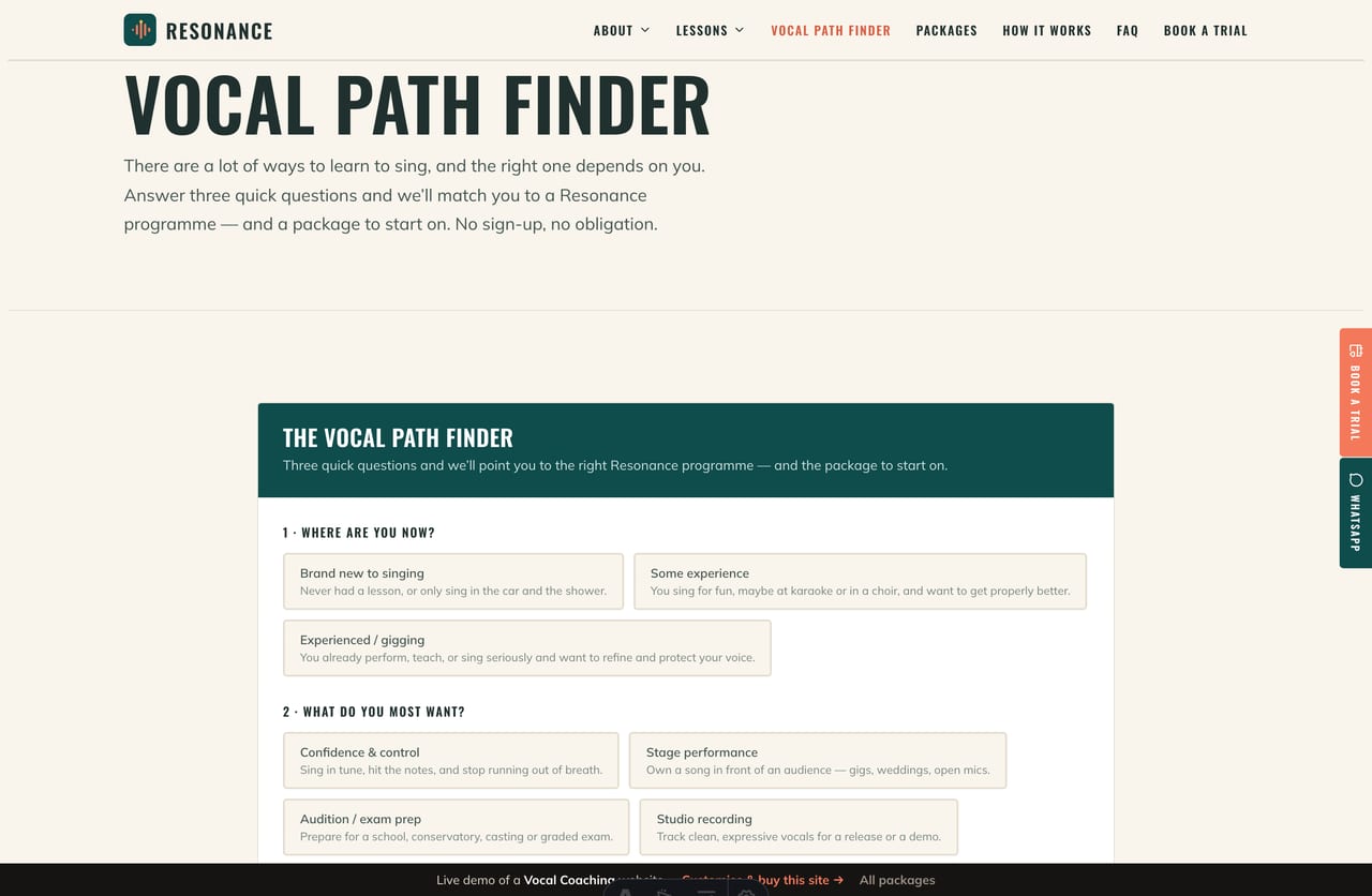 The interactive Vocal Path Finder on the Resonance demo — pick your level, goal and style to get a recommended programme