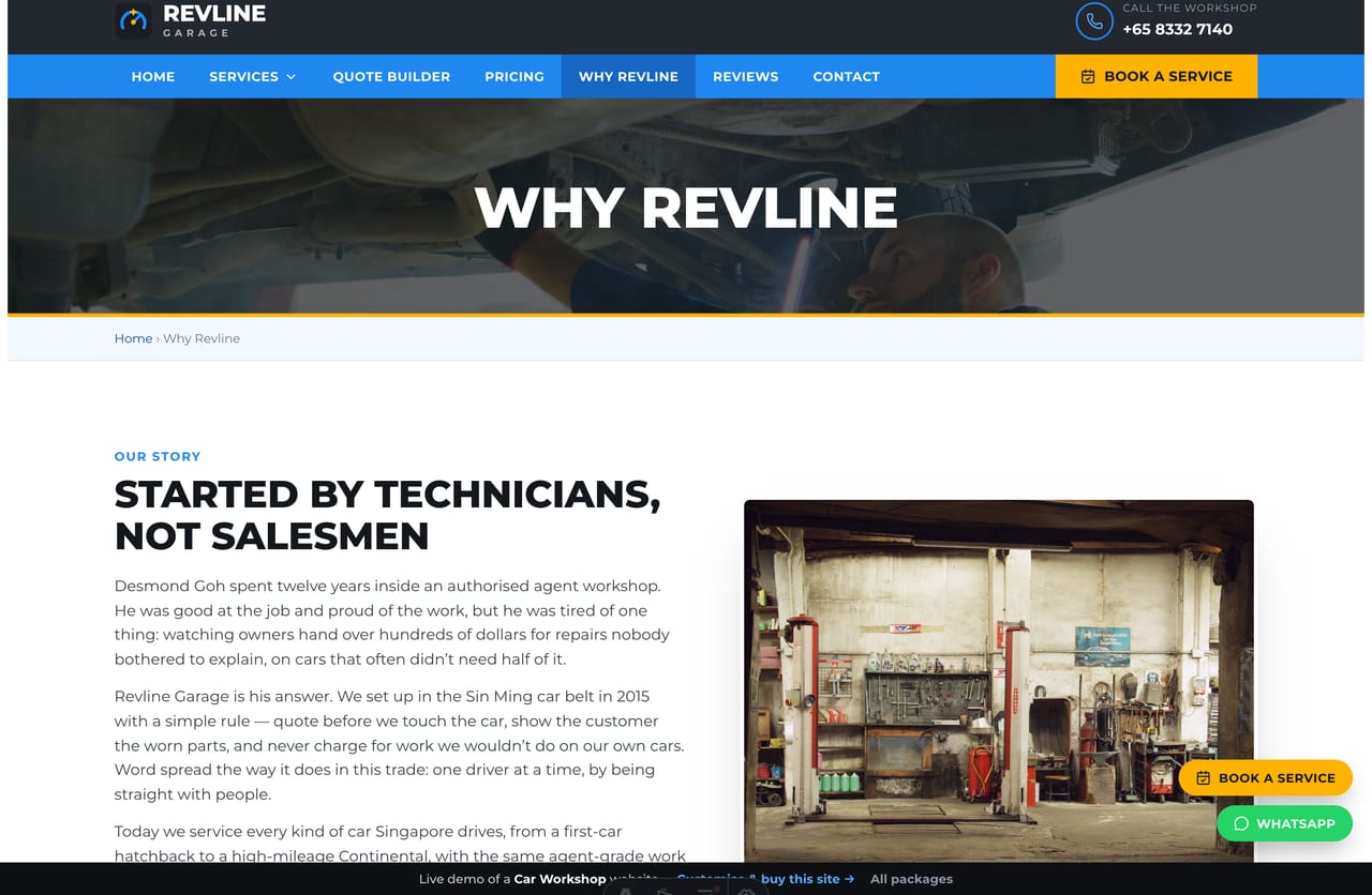 The Why Revline page for a Singapore car workshop — founder story, the team of technicians and an FAQ accordion