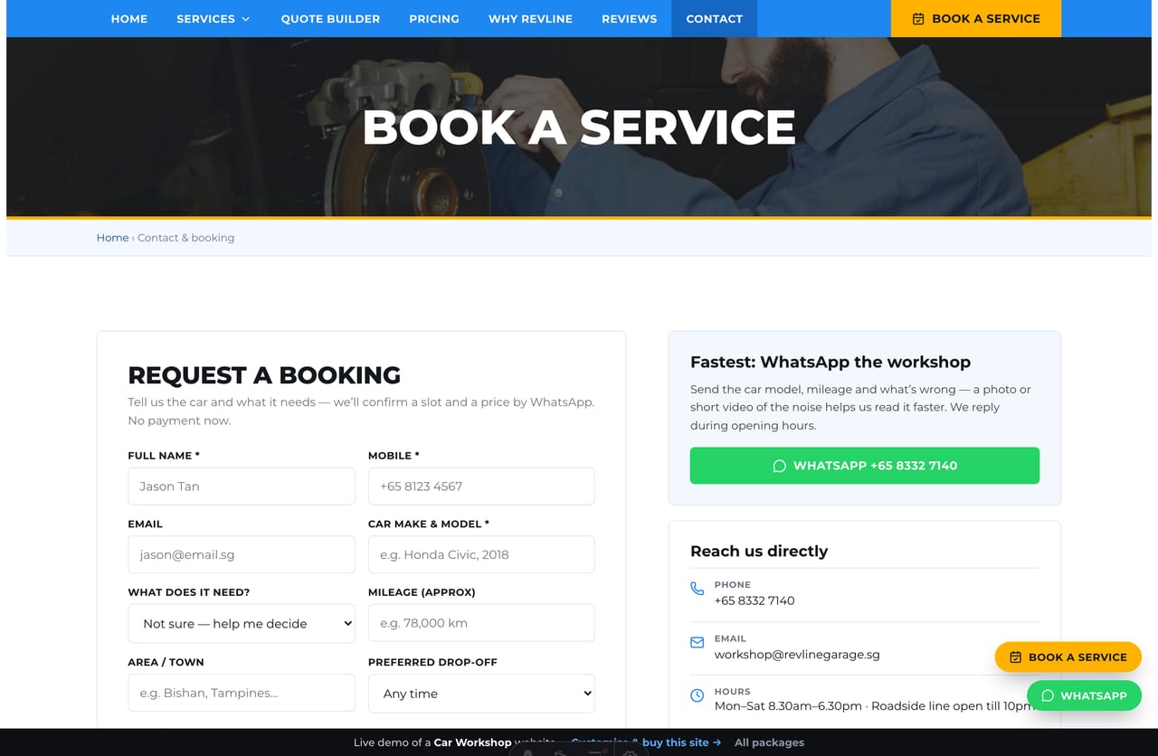 Book a service page on the Revline demo — a PDPA-aware booking form with car, service and drop-off selection, no cart