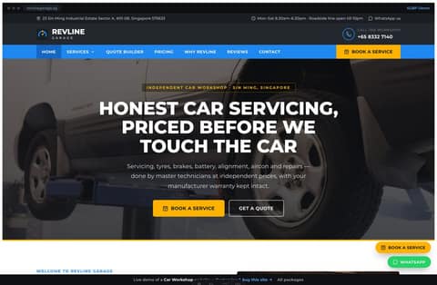 Revline car workshop Singapore website homepage demo — a dark industrial header, a full-bleed workshop-lift hero, blue accents and a service grid