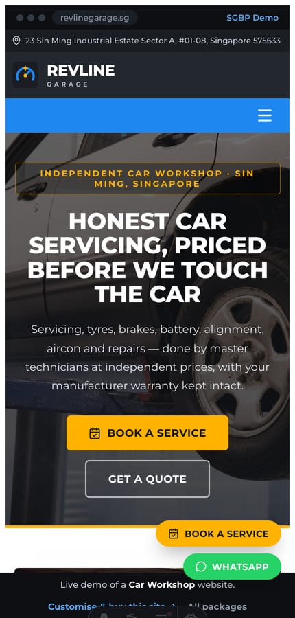 The Revline car-workshop website on mobile — full-bleed hero and stacked Book / WhatsApp CTAs at 430px