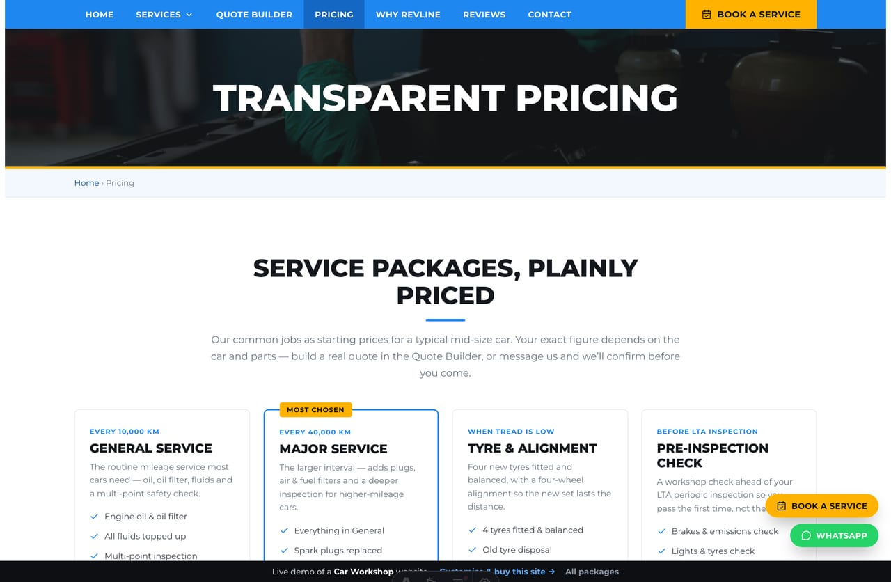 Transparent pricing page on the Revline demo — service packages as price-guide cards plus a from-price table by service