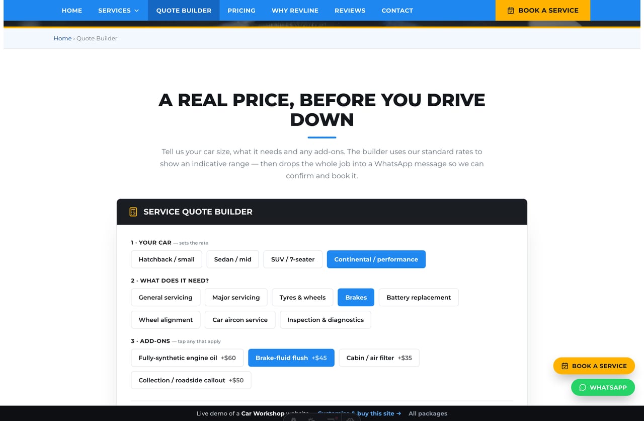 Service Quote Builder result on a Singapore car-workshop site — a live indicative price range, the recommended service and a WhatsApp booking CTA