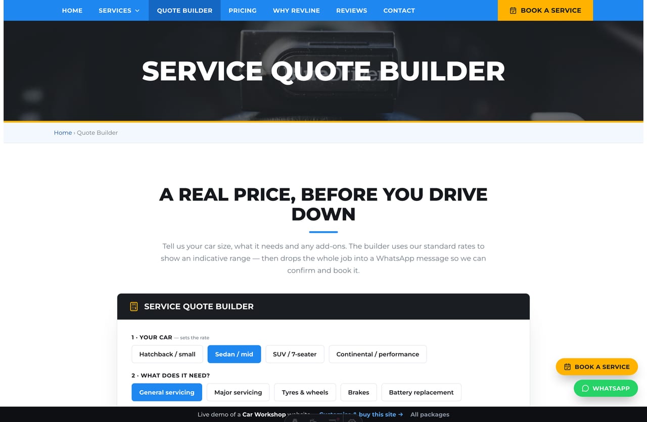 The interactive Service Quote Builder on the Revline demo — pick your car size, service and add-ons for a live indicative quote
