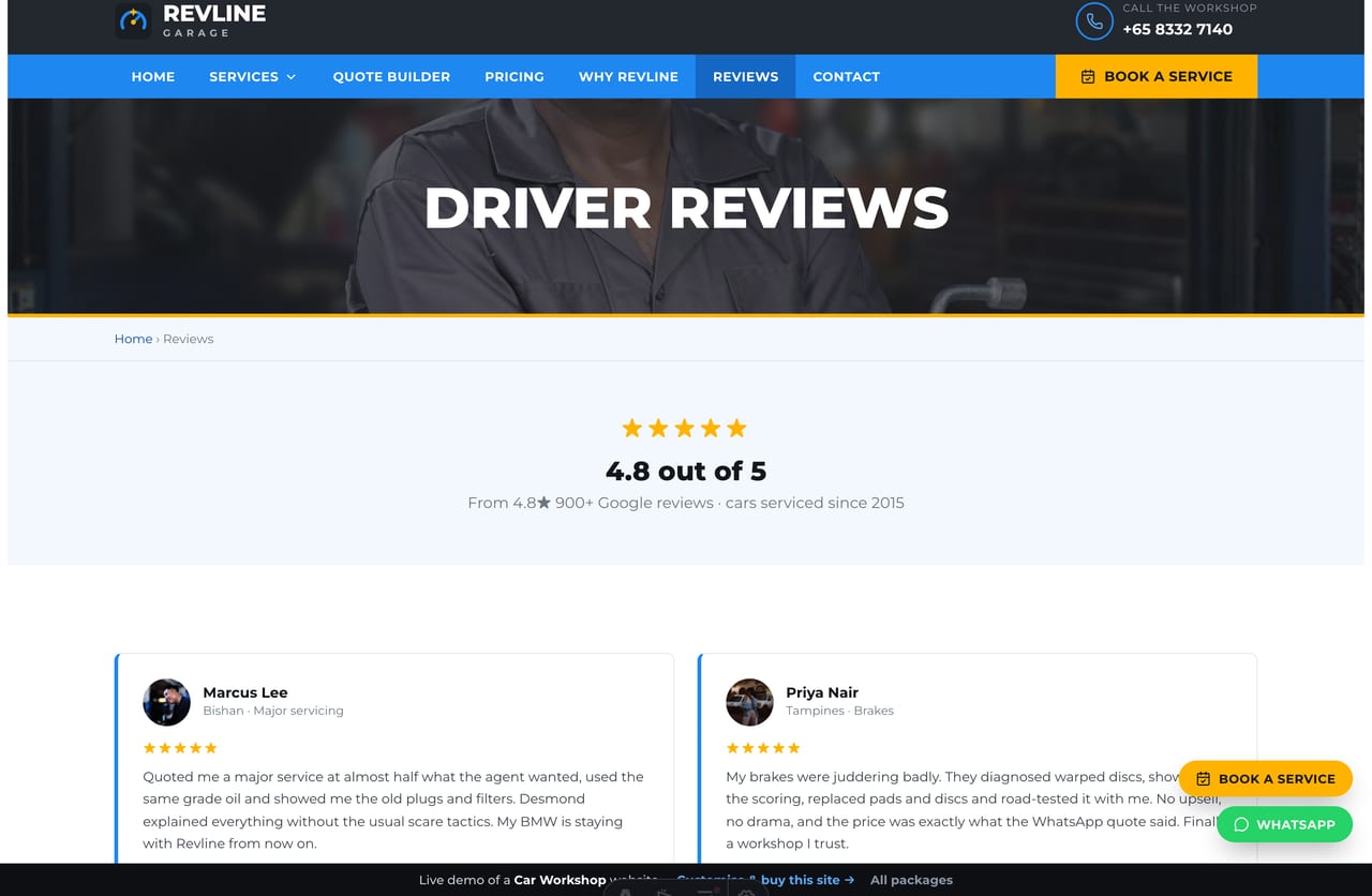 Reviews page on the Revline demo — a wall of owner reviews with the headline rating