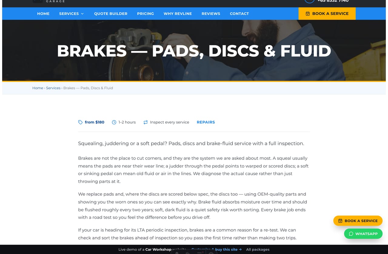 A car-service detail page on the Revline demo — a dark photo banner, time-in-bay, from-price, what is involved, what is included and a booking CTA