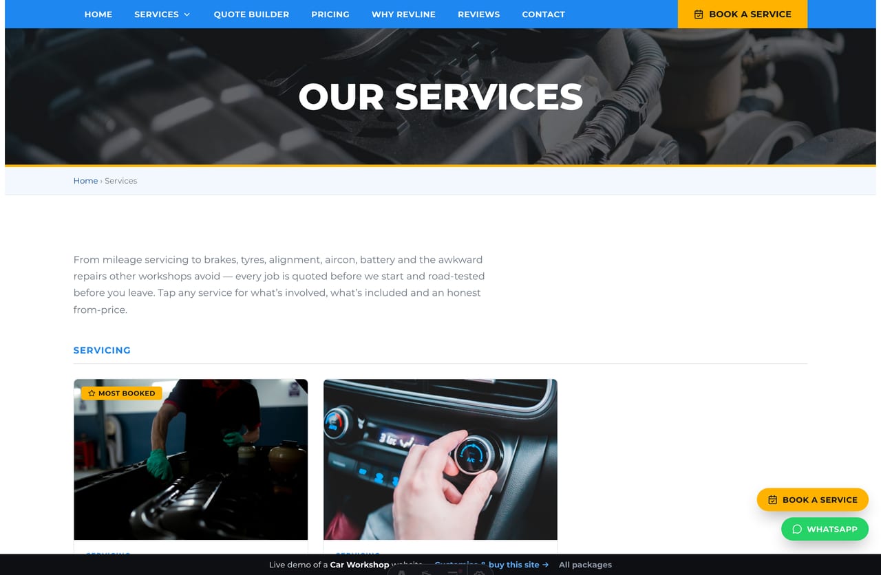 Car services menu page on the Revline demo — servicing, tyres, brakes, battery, alignment, aircon and diagnostics grouped by category