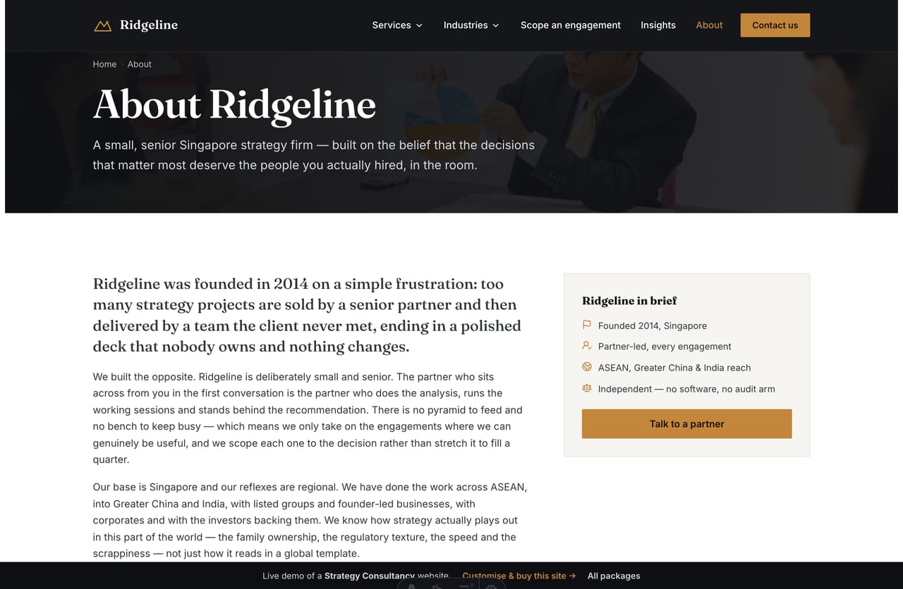 About and leadership-team page on the Ridgeline strategy consultancy demo