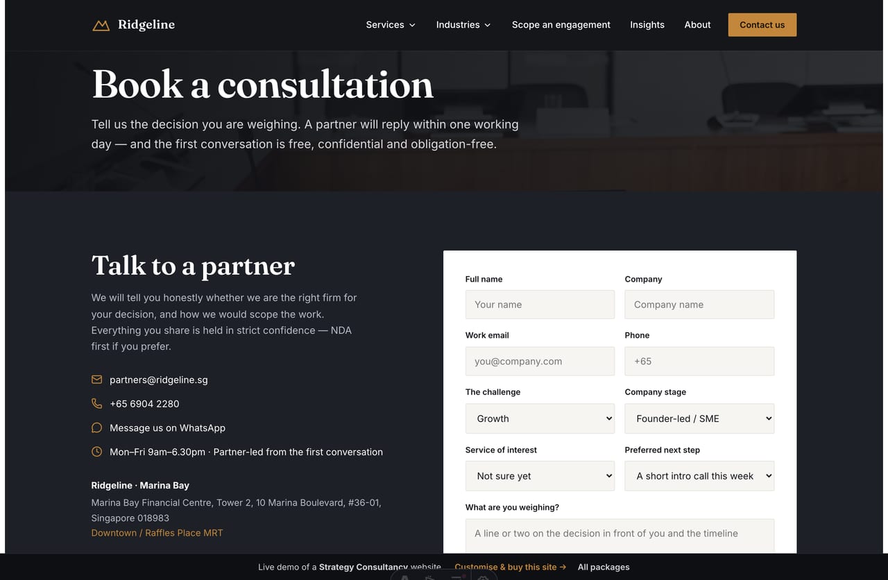 Book-a-consultation contact page on a Singapore strategy consultancy website