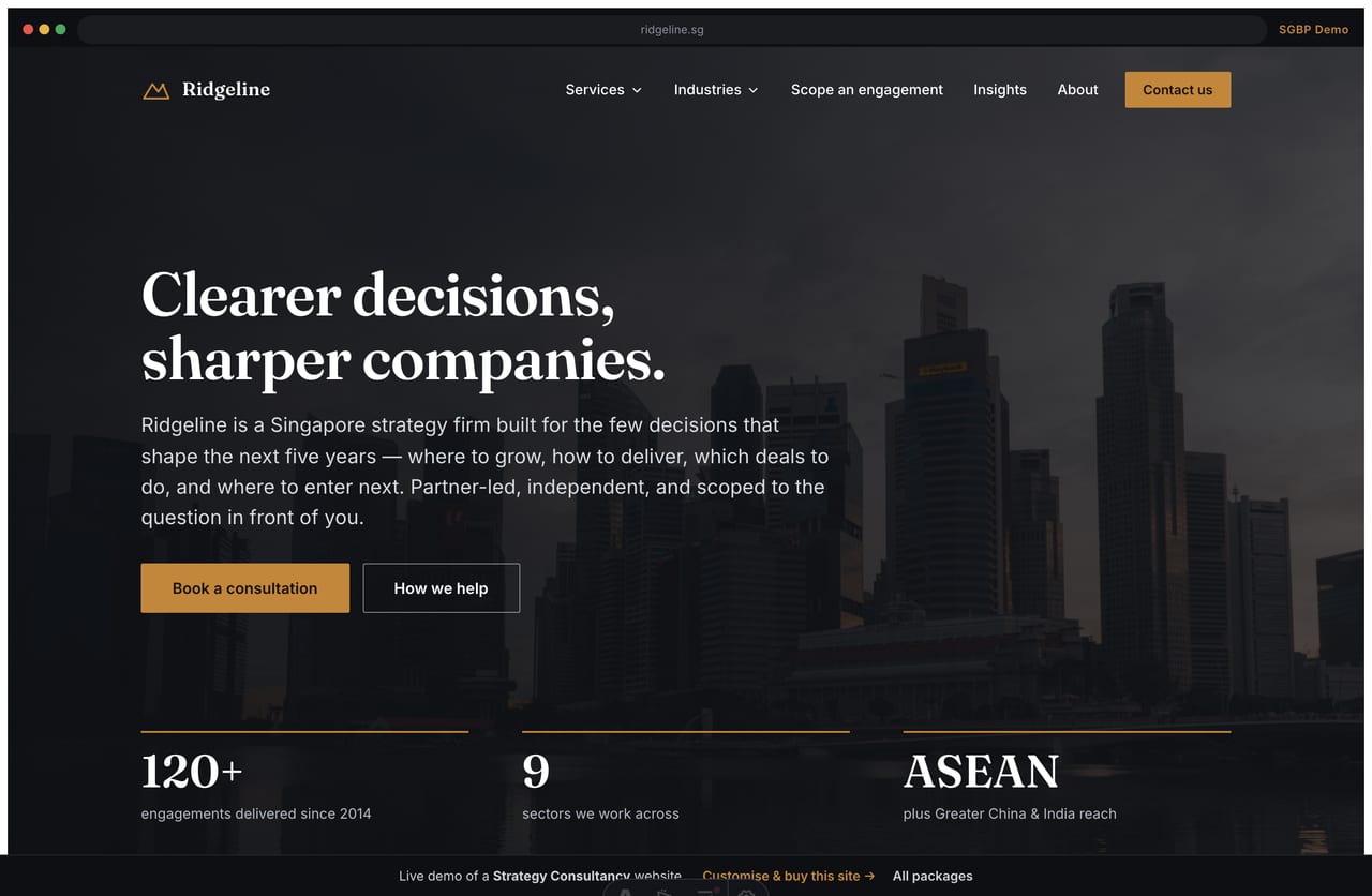 Ridgeline strategy consultancy homepage demo — dark editorial hero with stat band (Singapore)