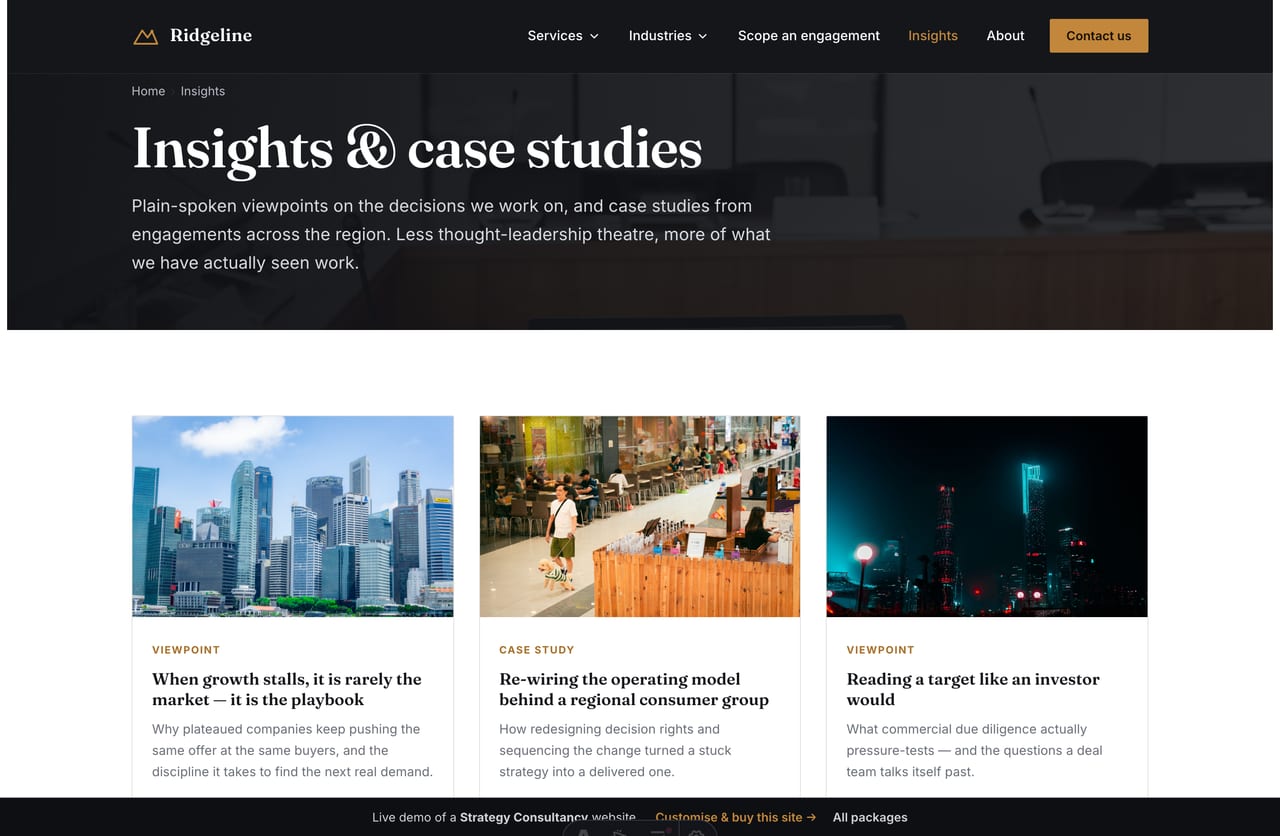 Insights and case-studies hub on a Singapore management consulting website