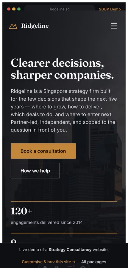 Mobile view of the Ridgeline strategy consultancy website with the dark editorial hero