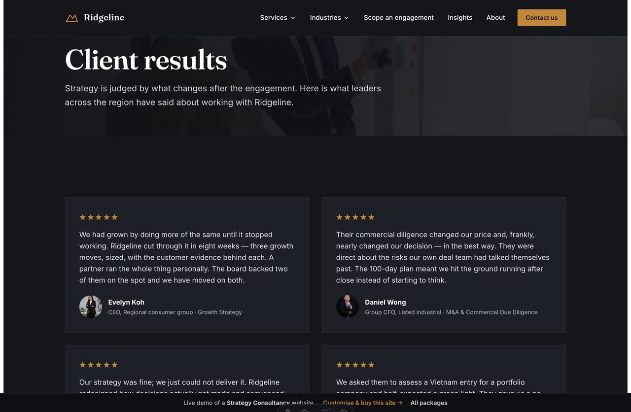 Client results and testimonials page on a strategy consultancy website