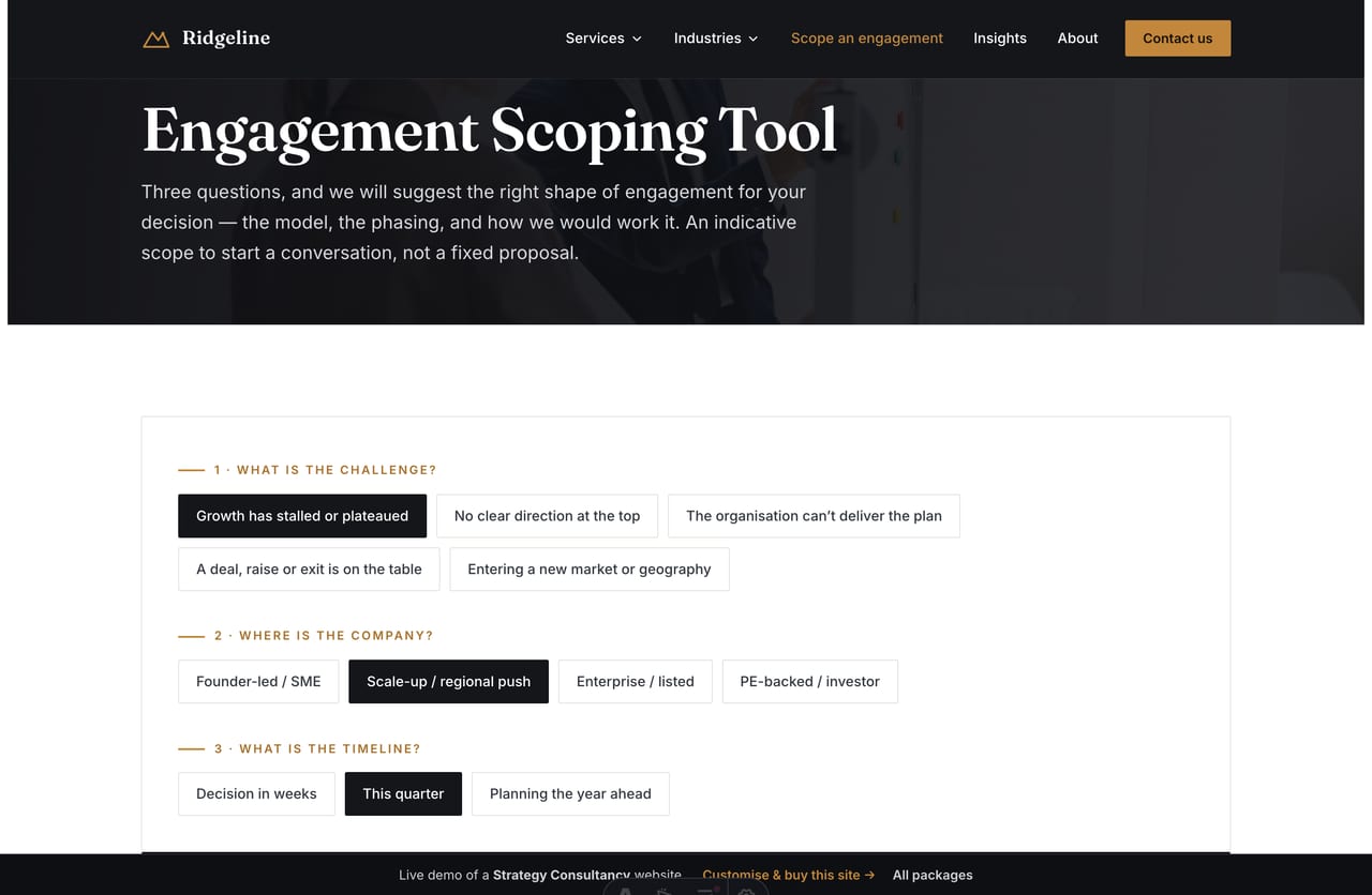 Interactive Engagement Scoping Tool on a Singapore strategy consultancy website