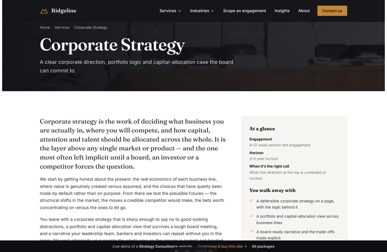 Single service detail page with alternating how-we-help rows on a strategy consultancy site