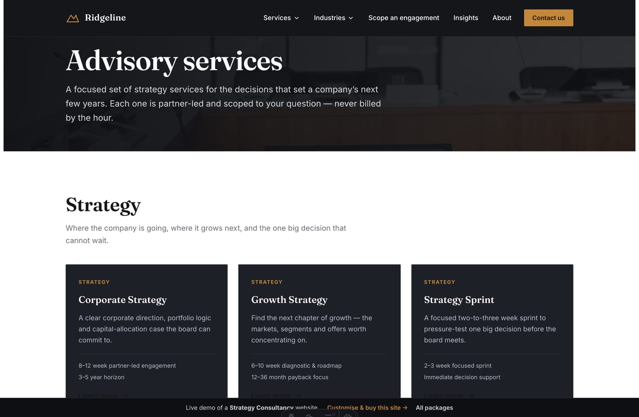 Advisory services listing page on a Singapore strategy consultancy website