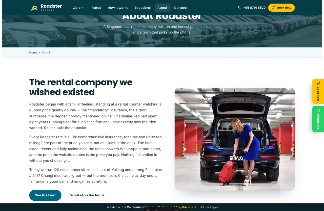 The About page for a Singapore car-rental company — founder story, the team and an FAQ accordion