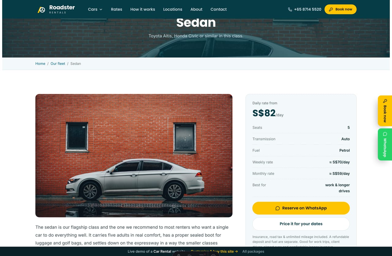 A car-class detail page on the Roadster demo — a petrol photo banner, seats, transmission, fuel, daily and weekly rates, what is included and a booking CTA