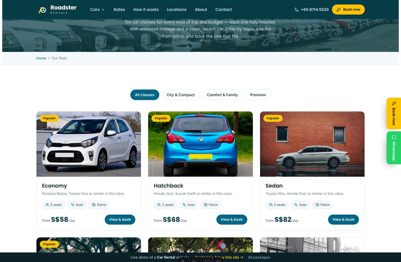 Fleet listing page on the Roadster demo — economy, hatchback, sedan, SUV, MPV and luxury car classes filtered by category with from-prices