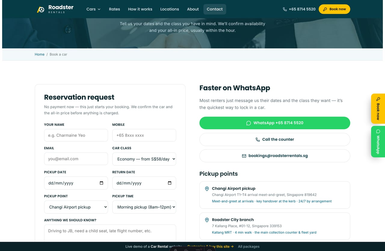 Book a car page on the Roadster demo — a PDPA-aware booking-request form with class, dates and pickup point, no cart