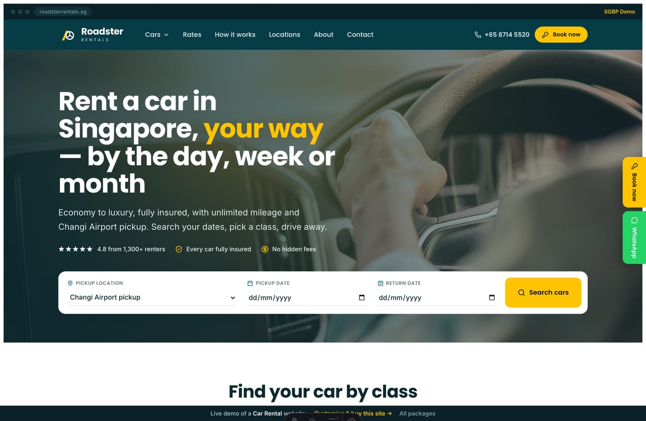 Roadster car rental Singapore website homepage demo — a deep petrol header, a driving-photo hero with an overlaid booking search bar, yellow accents and a browse-by-class car grid