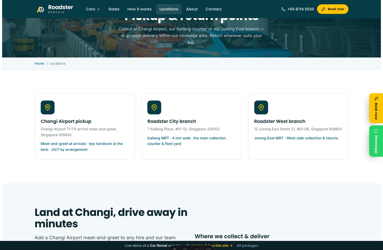 Locations page on the Roadster demo — Changi Airport, Kallang and Jurong East pickup points and a coverage list