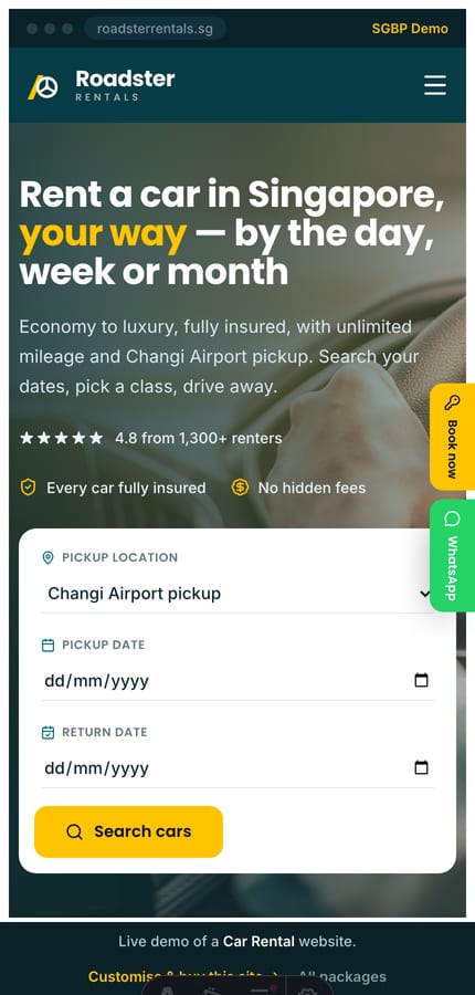 The Roadster car-rental website on mobile — search-led hero and stacked Book / WhatsApp CTAs at 430px