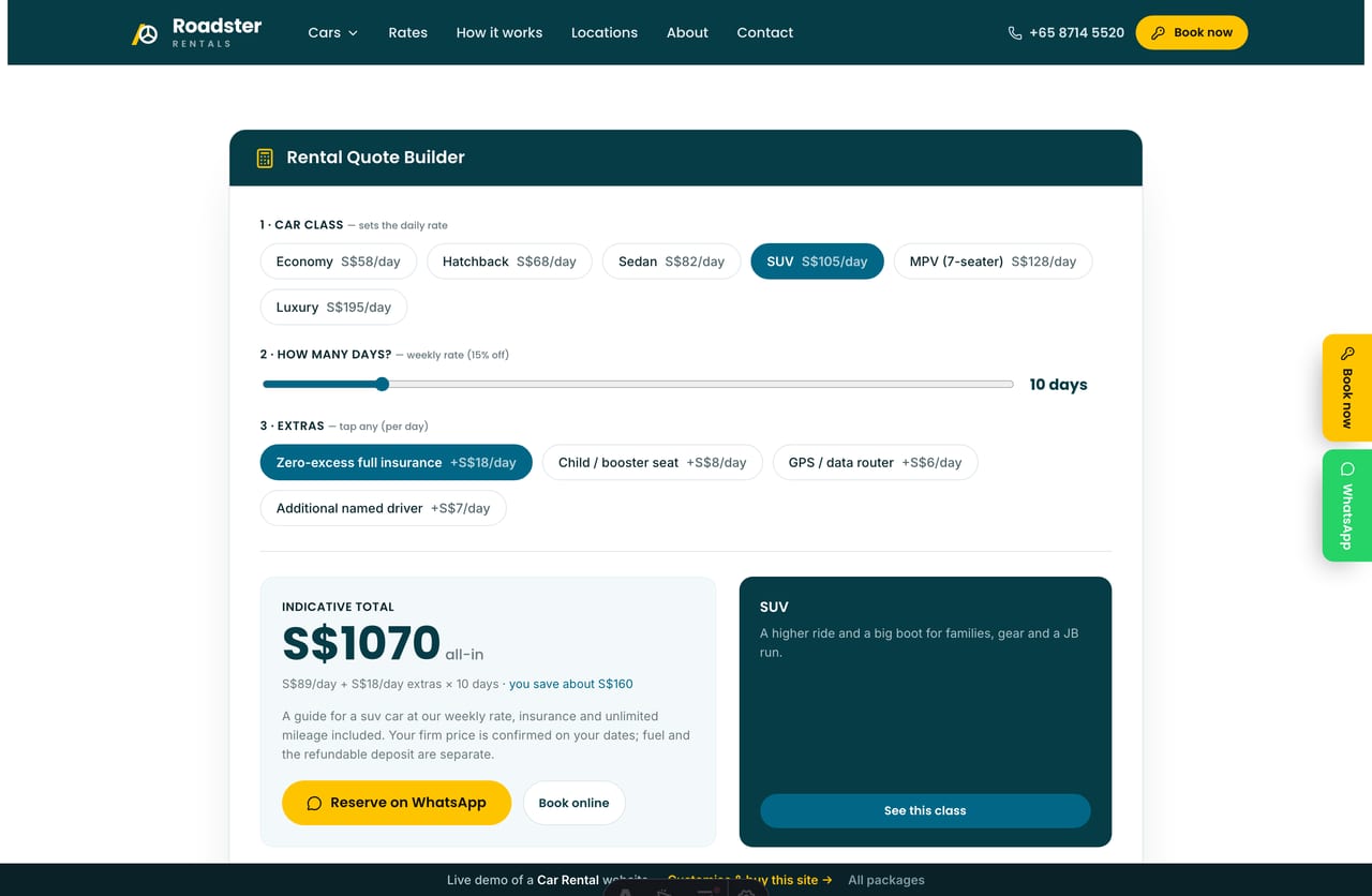 Rental Quote Builder result on a Singapore car-rental site — a live all-in total, the duration discount applied and a WhatsApp reservation CTA