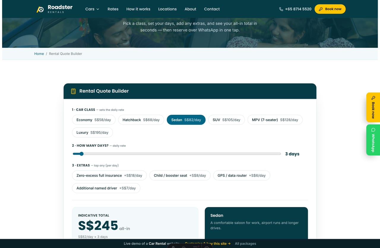 The interactive Rental Quote Builder on the Roadster demo — pick a car class, drag the rental days and add extras for a live indicative total