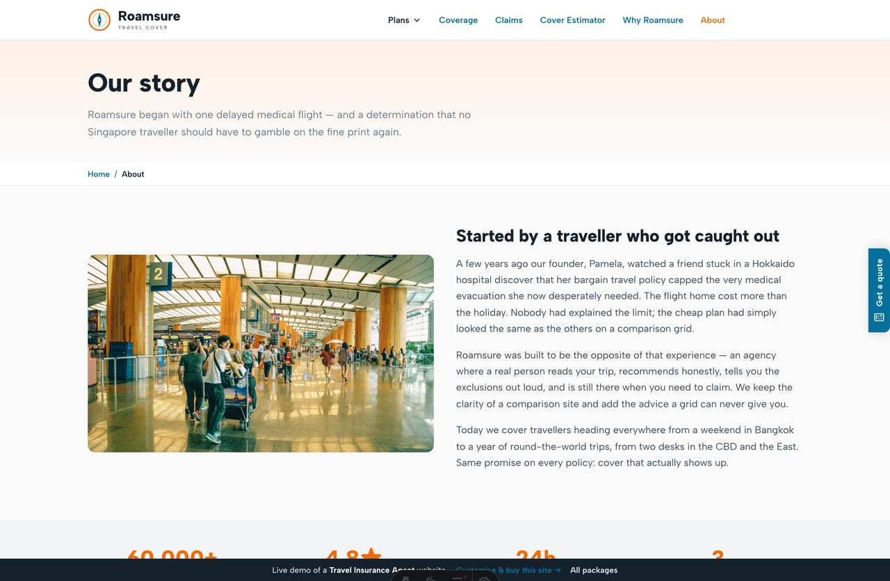 The About / story page for a Singapore travel-insurance agent — founder, the team of advisers and the values the agency stands by