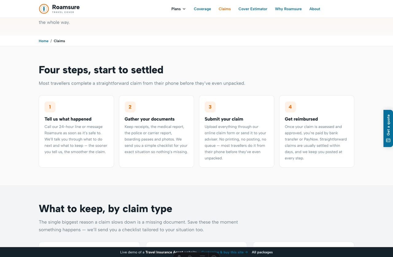 How claims work page on the Roamsure demo — a four-step claims process, what to keep by claim type and a 24-hour emergency band
