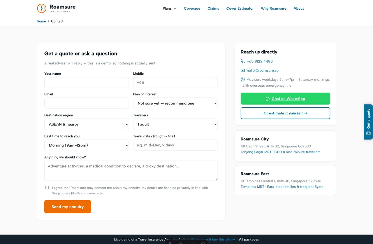 Get-a-quote & contact page on the Roamsure demo — a PDPA-aware enquiry form with plan, destination and traveller selection, no cart