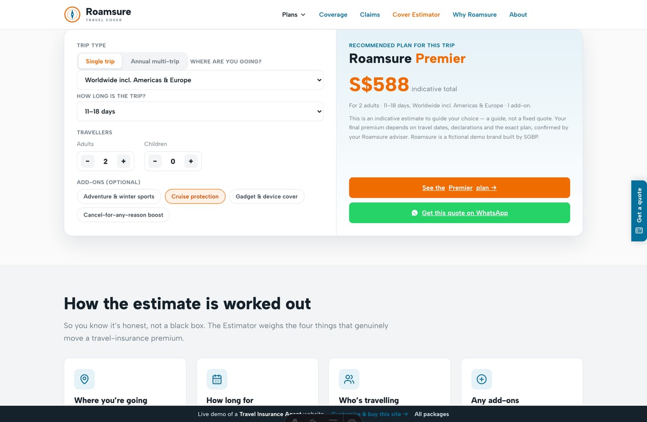 Travel Cover Estimator results on a Singapore travel-insurance site — a recommended Roamsure tier, a live indicative premium in SGD and a get-a-quote CTA