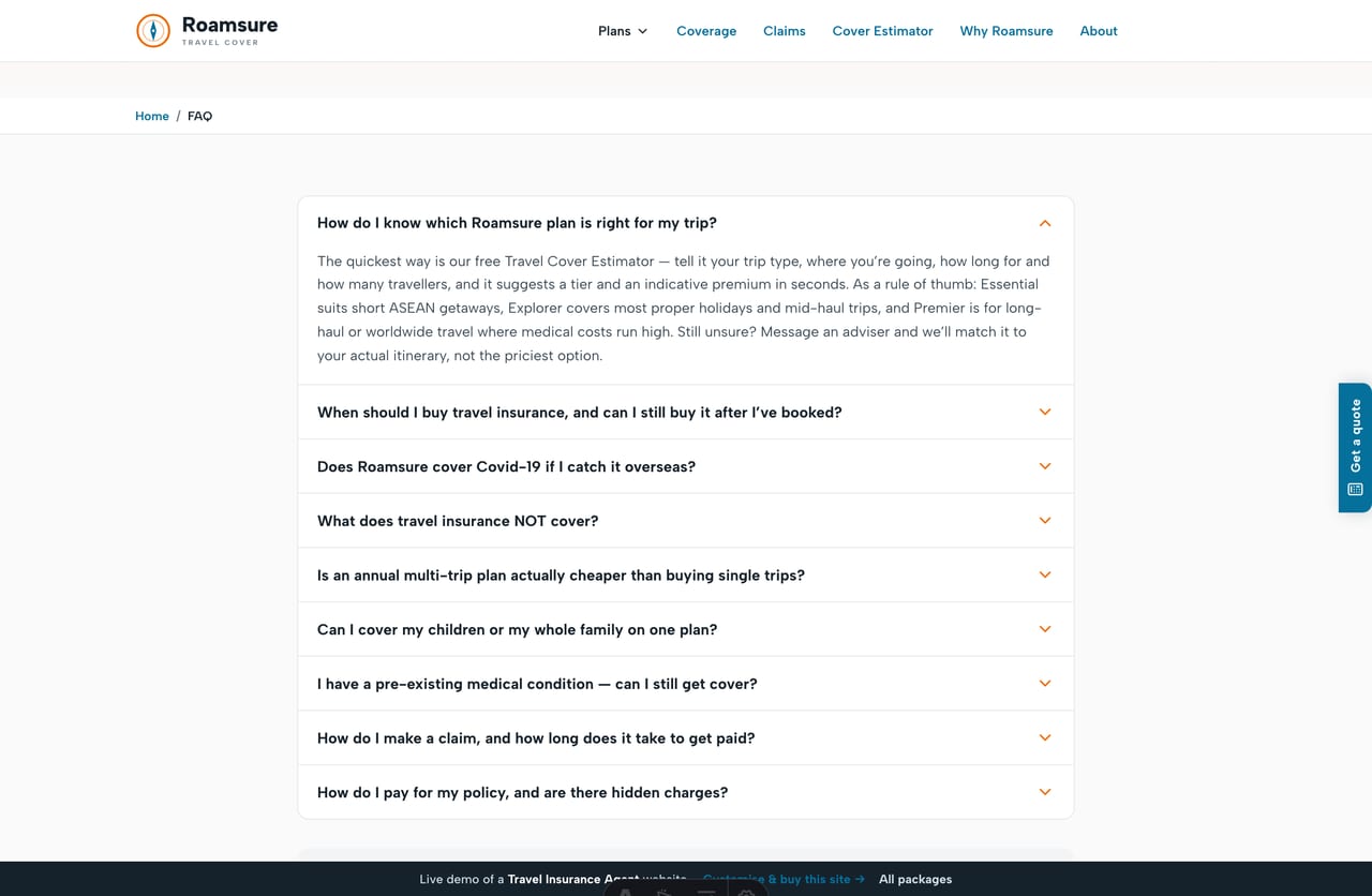FAQ page on the Roamsure demo — an accordion of common travel-insurance questions about plans, claims, Covid cover and pre-existing conditions