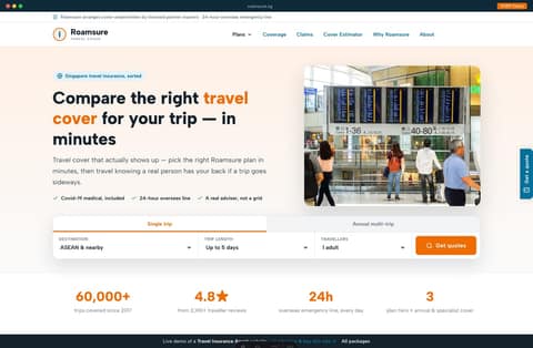Roamsure travel-insurance agent website homepage demo — an orange & teal comparison-marketplace layout with a compare-bar hero, plan-comparison cards and coverage tables