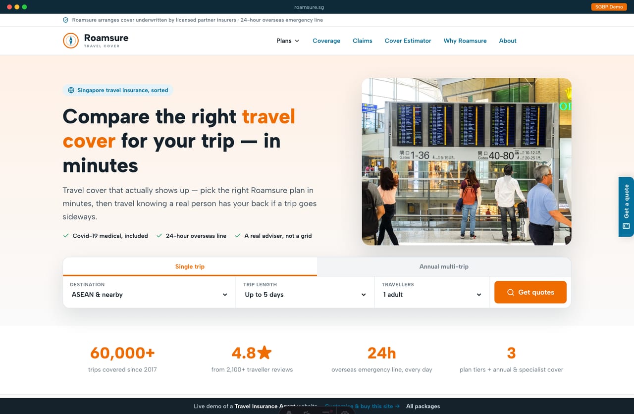 Roamsure travel-insurance agent website homepage demo — an orange & teal comparison-marketplace layout with a compare-bar hero, plan-comparison cards and coverage tables