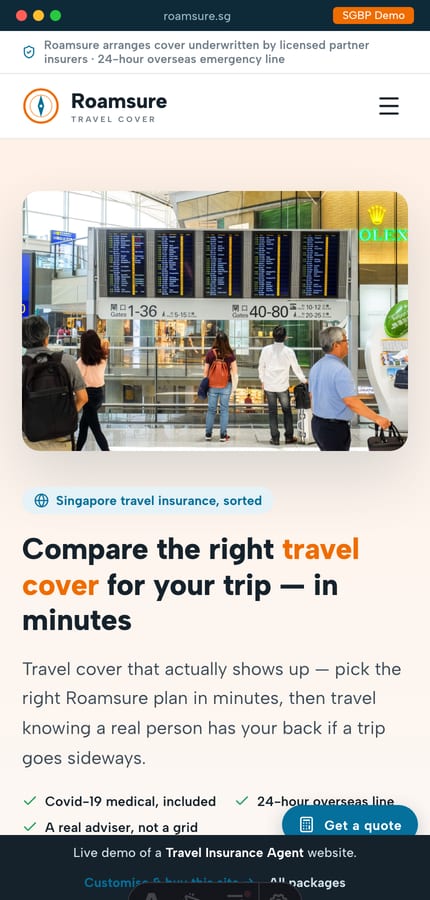 The Roamsure travel-insurance website on mobile — compare-bar hero and a sticky get-a-quote control at 430px
