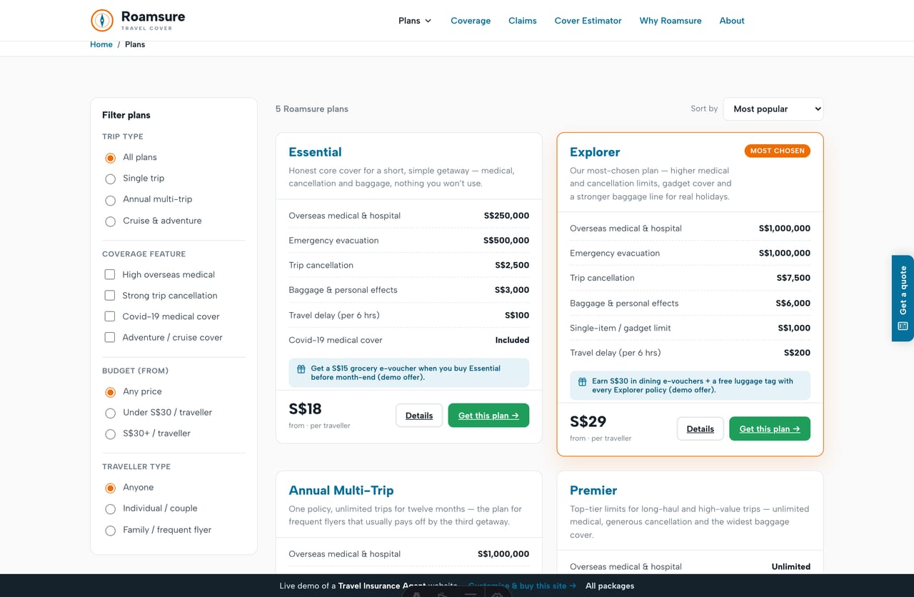 Plans comparison page on the Roamsure demo — a left filter sidebar plus plan-comparison cards with coverage tables and a sort control