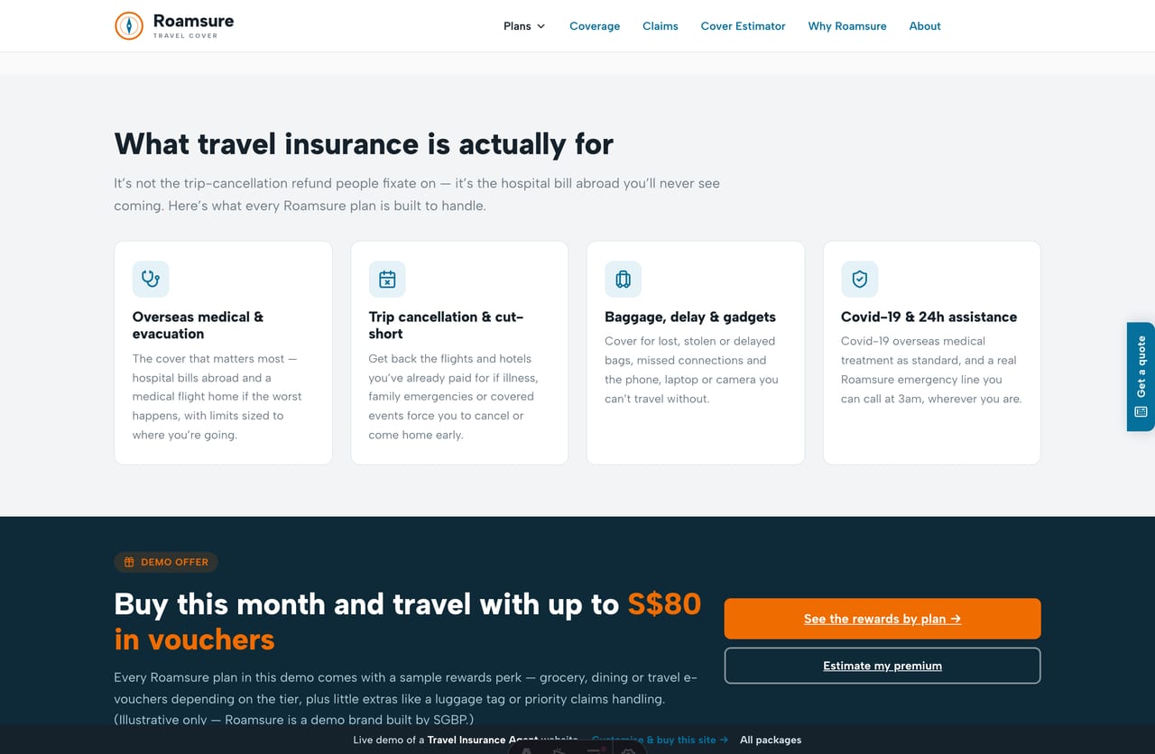 Reward / voucher promo strip on the Roamsure homepage — a deep teal-ink band showing sample vouchers by plan tier