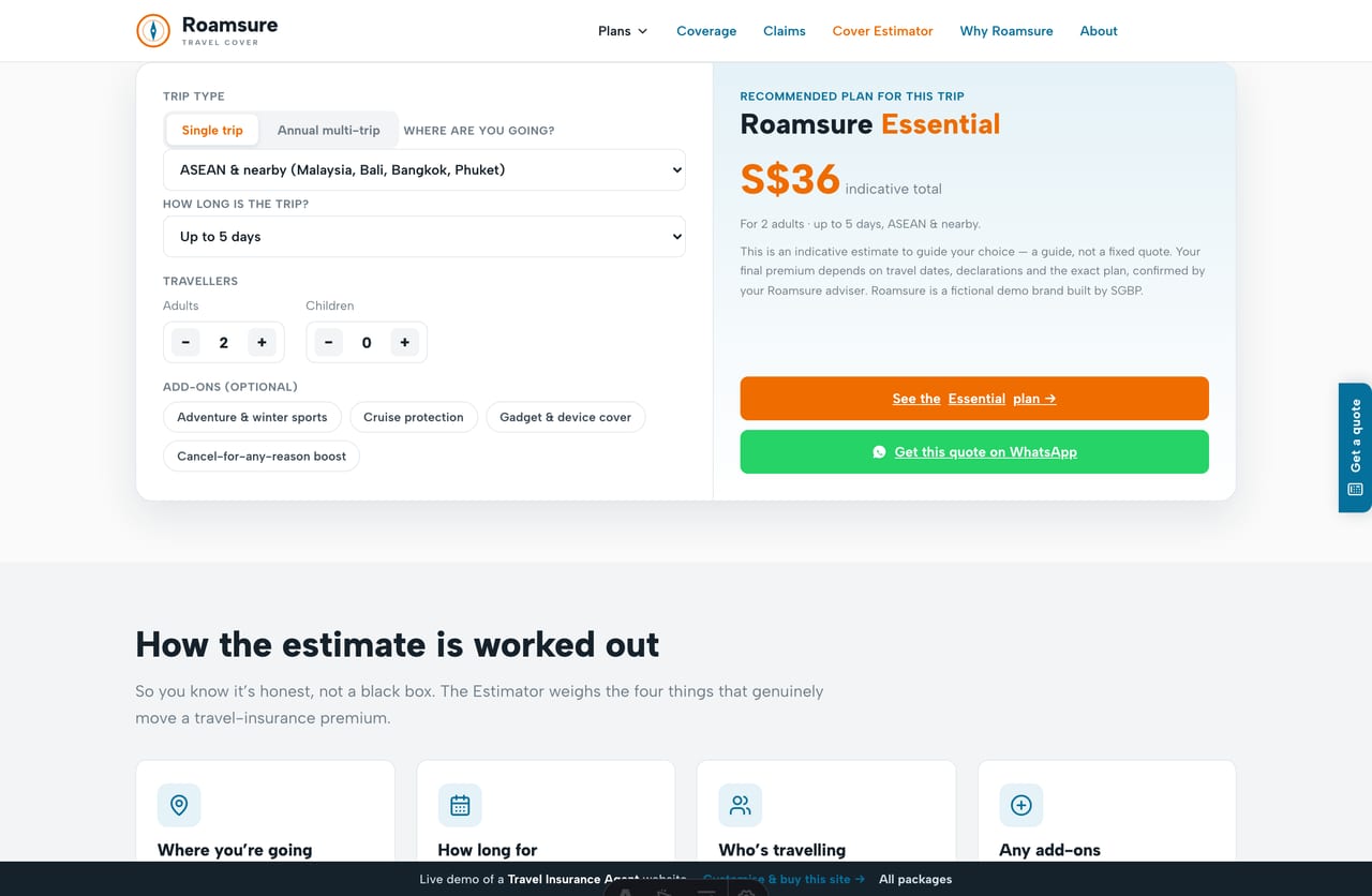The interactive Travel Cover Estimator on the Roamsure demo — pick trip type, destination region, length and travellers for a live premium and a recommended plan tier